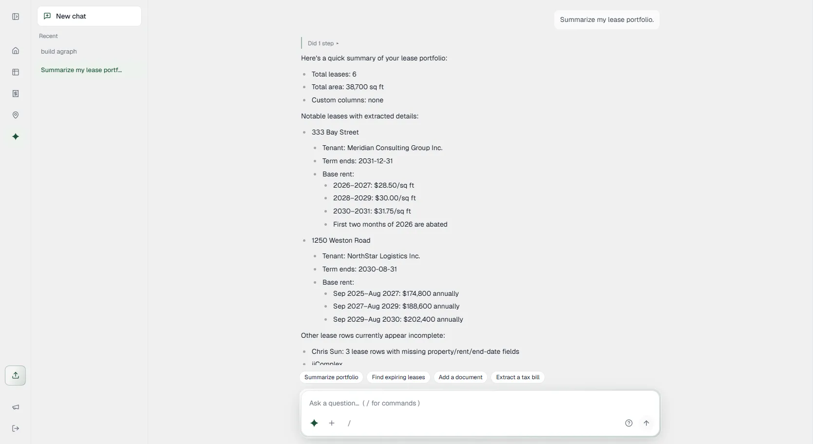 Leva chat summarizing a lease portfolio: total leases, square footage, and per-lease term and base rent figures.
