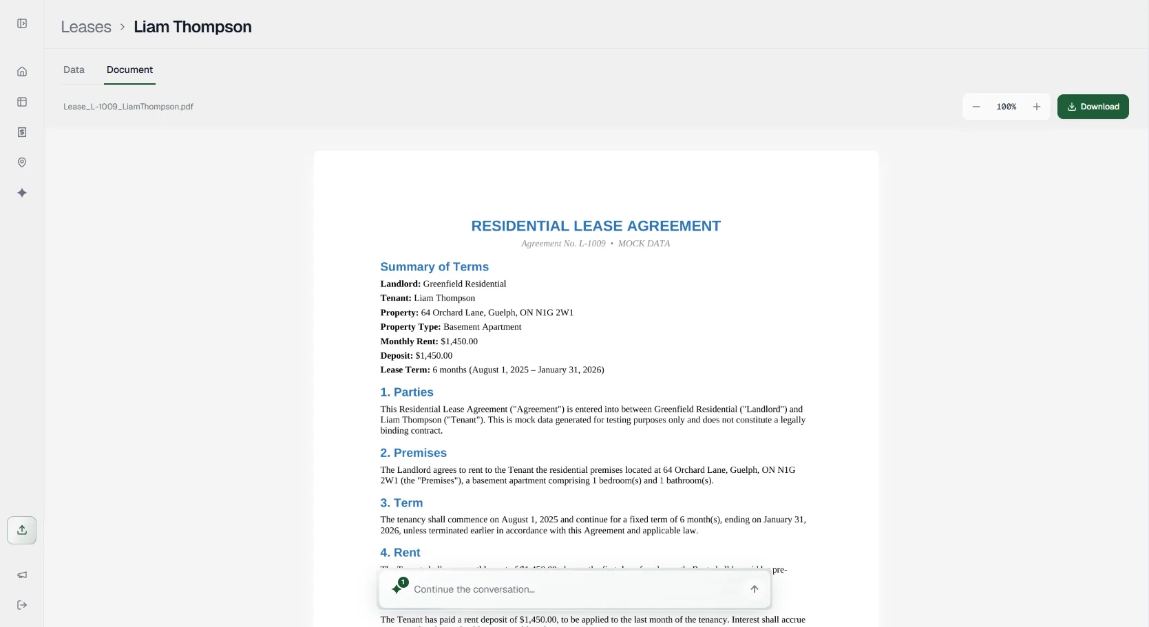Leva document view: a lease PDF open beside its extracted data tab, with summary of terms, parties, premises and rent.