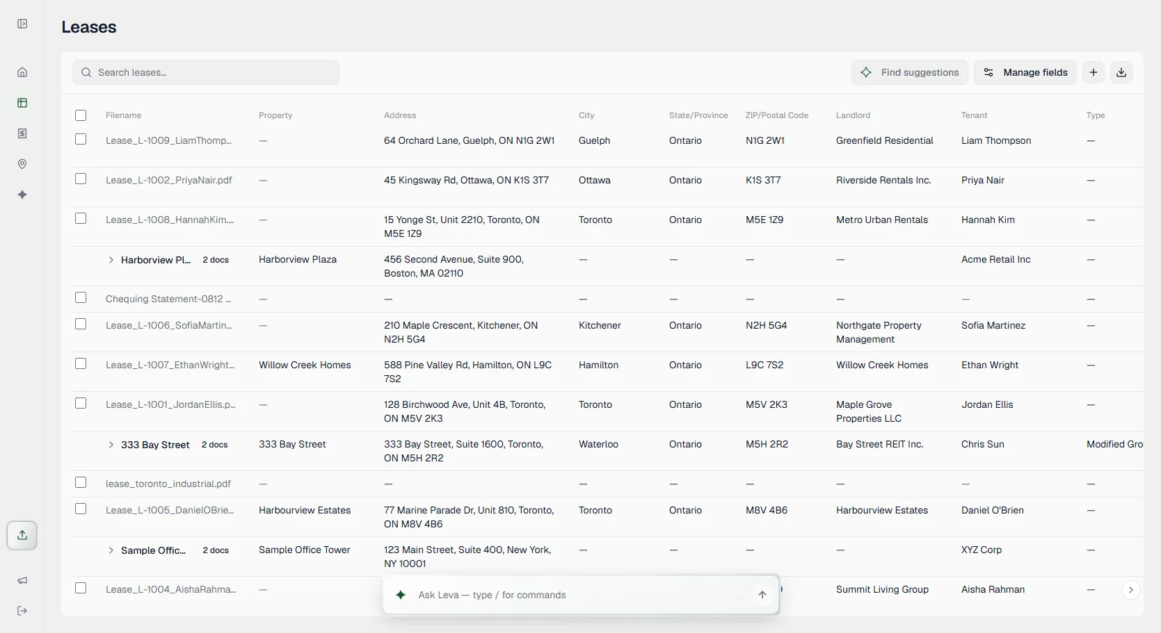 Leva lease table: one row per lease with property, address, city, landlord and tenant columns.